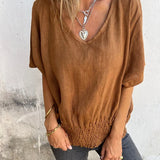 Blusa Beige con Escote en V y Cintura Fruncida para Mujer