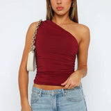 One Shoulder Ruched Burgundy Crop Top