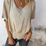 Blusa Beige con Escote en V y Cintura Fruncida para Mujer