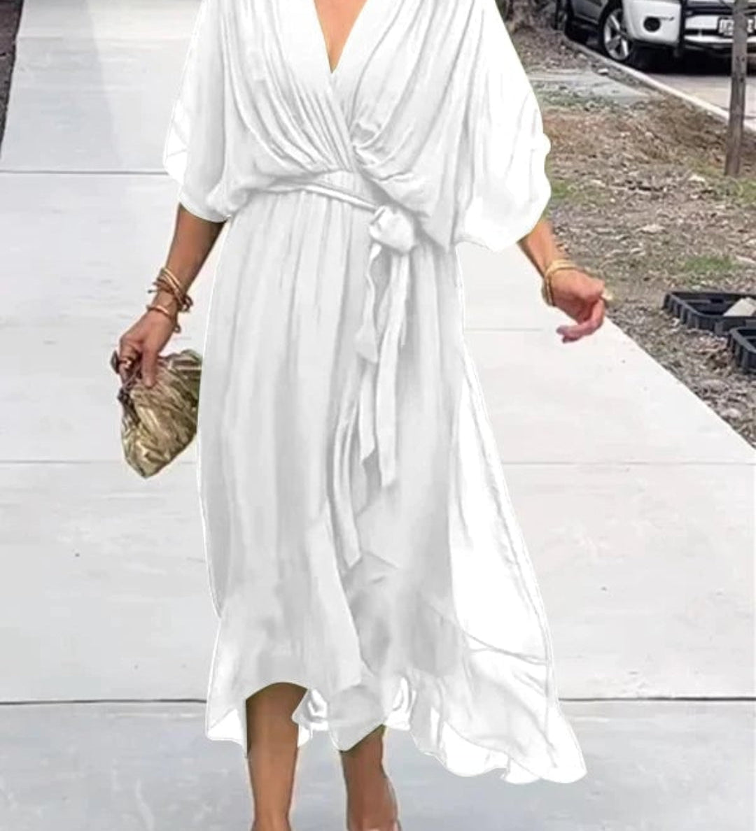 Vestido Midi Cruzado de Gasa con Manga Amplia y Cinturó