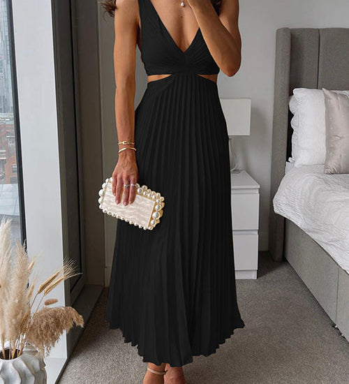Vestido plisado midi con escote profundo y espalda descubierta