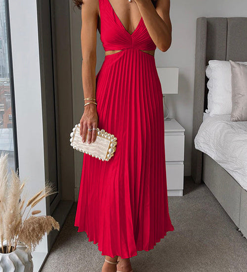 Vestido plisado midi con escote profundo y espalda descubierta