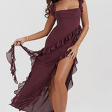 Vestido Largo con Volantes y Abertura Lateral – Disponible en Varios Colores