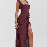 Vestido Largo con Volantes y Abertura Lateral – Disponible en Varios Colores