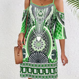 Vestido Mini Boho Solea – Estilo Cold Shoulder con Estampado Étnico y Mangas Amplias