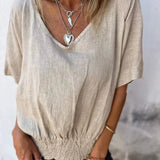 Blusa Beige con Escote en V y Cintura Fruncida para Mujer