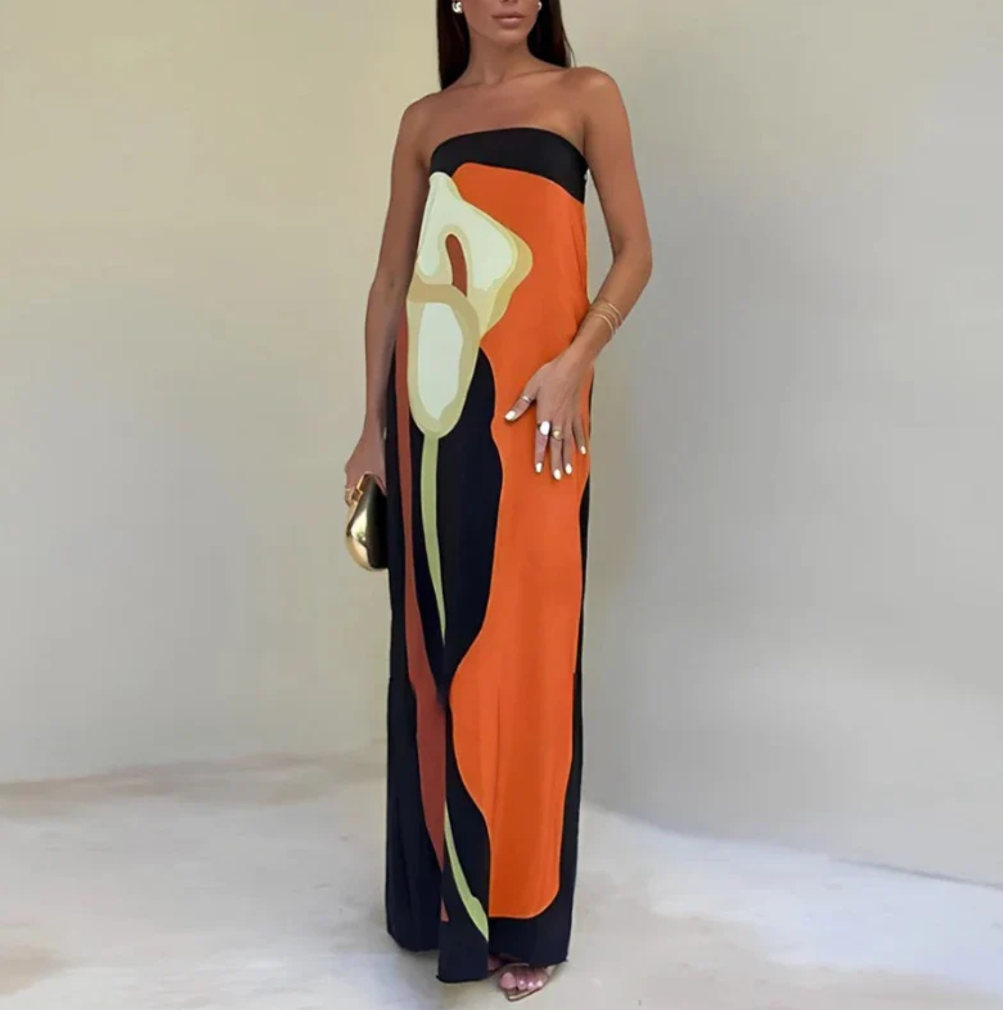 Vestido Largo Palabra de Honor con Estampado Abstracto
