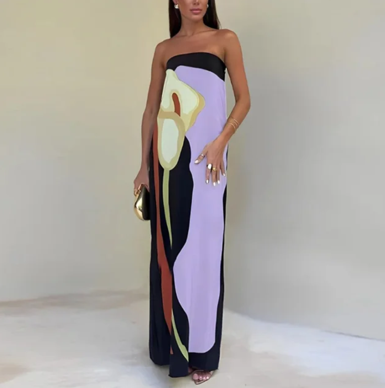 Vestido Largo Palabra de Honor con Estampado Abstracto