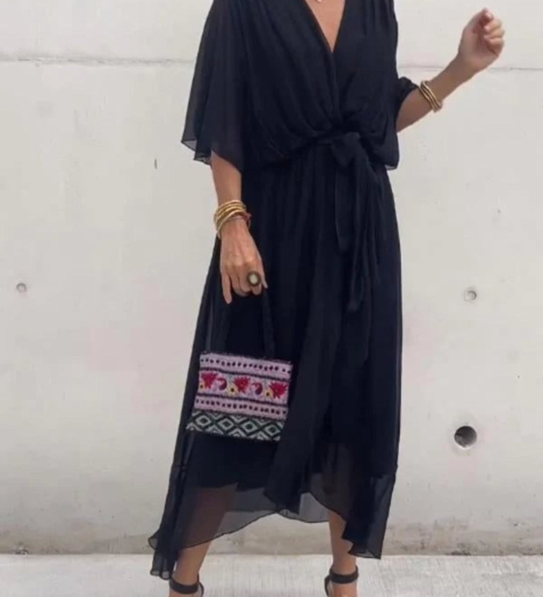 Vestido Midi Cruzado de Gasa con Manga Amplia y Cinturó