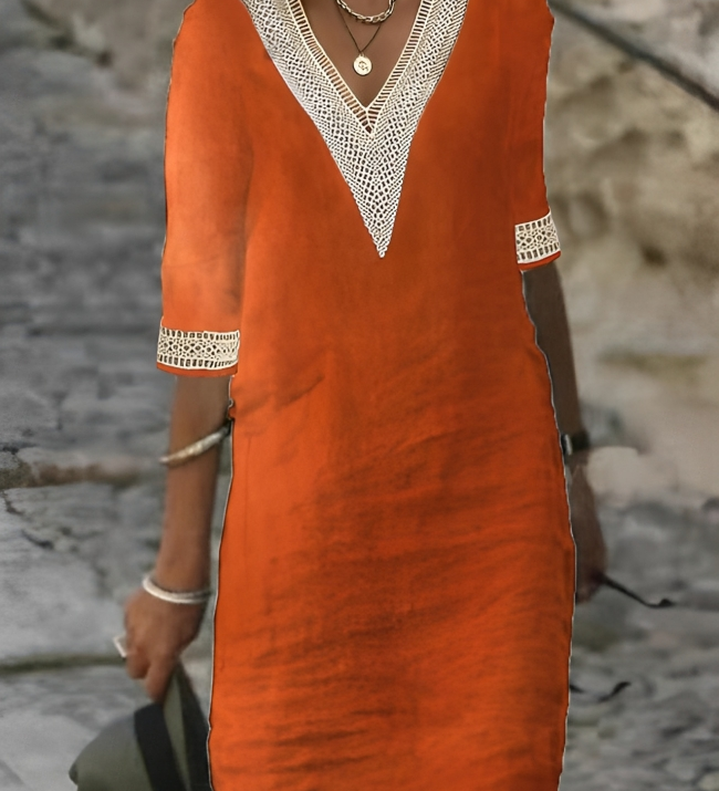 Vestido Casual con Encaje y Cuello en V
