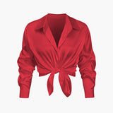 Blusa Satinada de Mujer con Nudo Frontal y Manga Larga