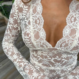 Lace Long Sleeve Crop Top with Scalloped V-Neck