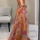 Vestido Largo Vaporoso con Tirantes Finos y Estampado Acuarela