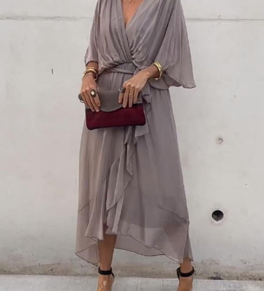 Vestido Midi Cruzado de Gasa con Manga Amplia y Cinturó