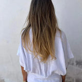 Blusa Beige con Escote en V y Cintura Fruncida para Mujer
