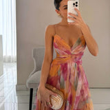Vestido Largo Vaporoso con Tirantes Finos y Estampado Acuarela