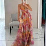 Vestido Largo Vaporoso con Tirantes Finos y Estampado Acuarela