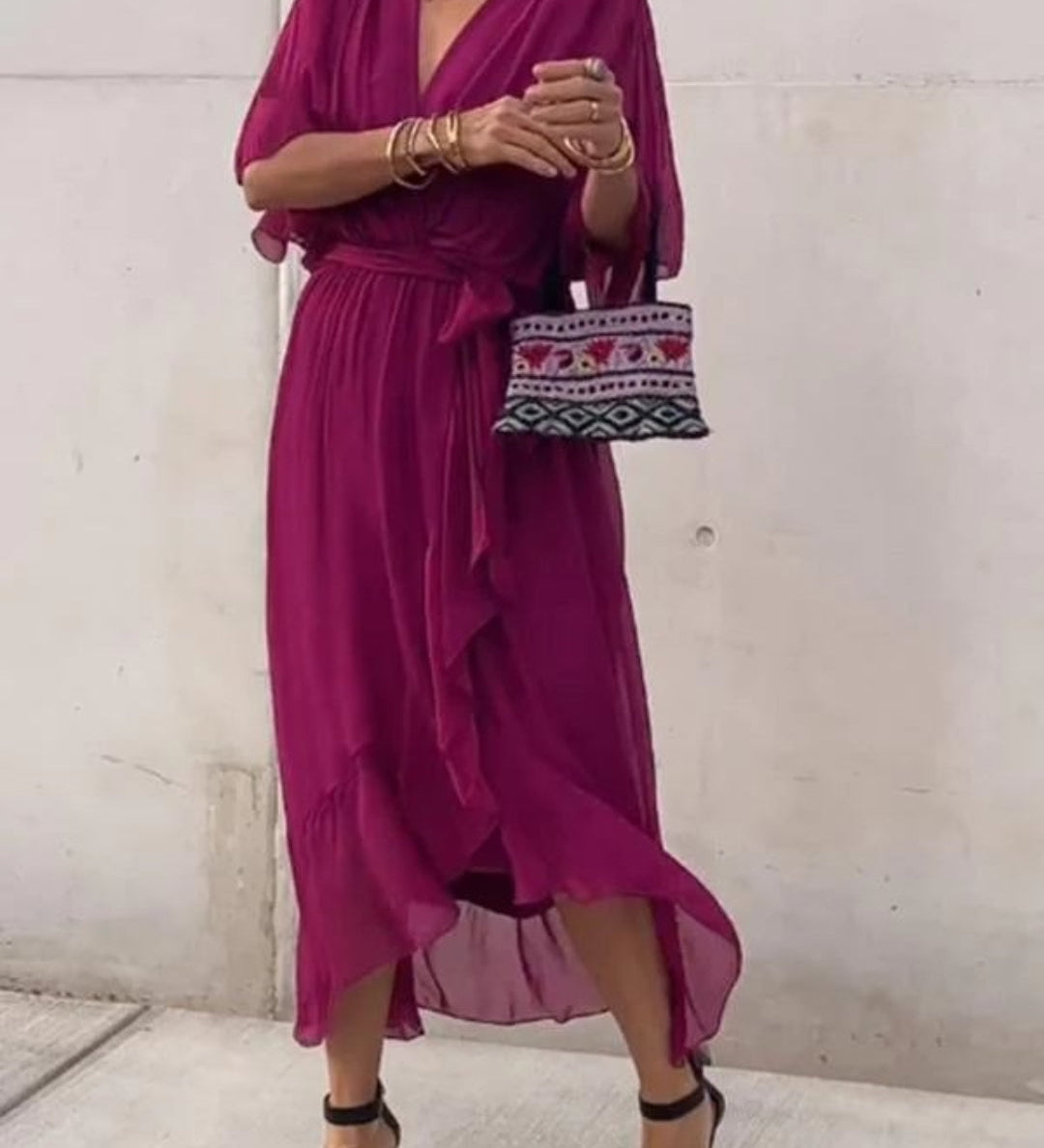 Vestido Midi Cruzado de Gasa con Manga Amplia y Cinturó