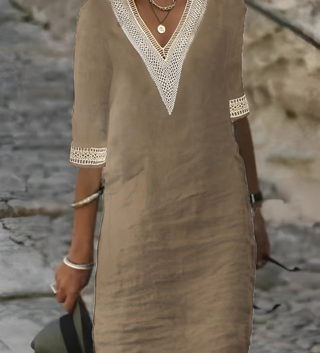Vestido Casual con Encaje y Cuello en V