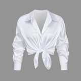 Blusa Satinada de Mujer con Nudo Frontal y Manga Larga