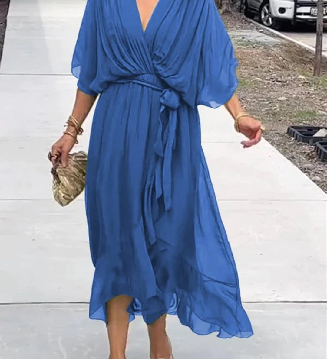 Vestido Midi Cruzado de Gasa con Manga Amplia y Cinturó