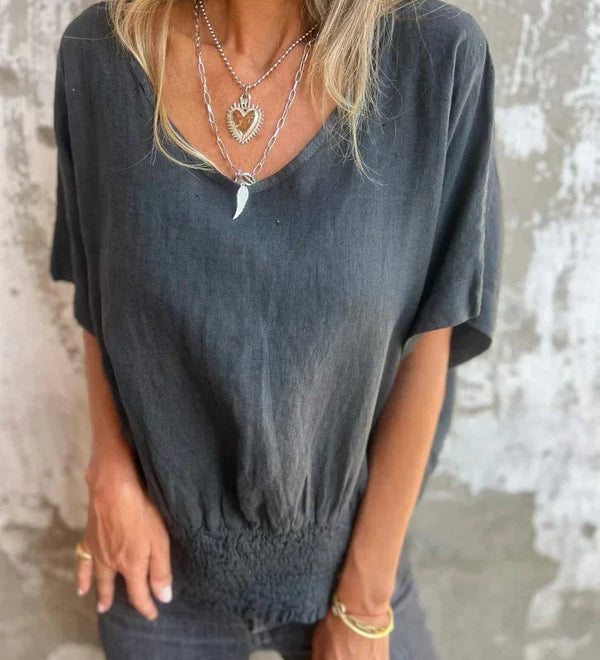 Blusa Beige con Escote en V y Cintura Fruncida para Mujer