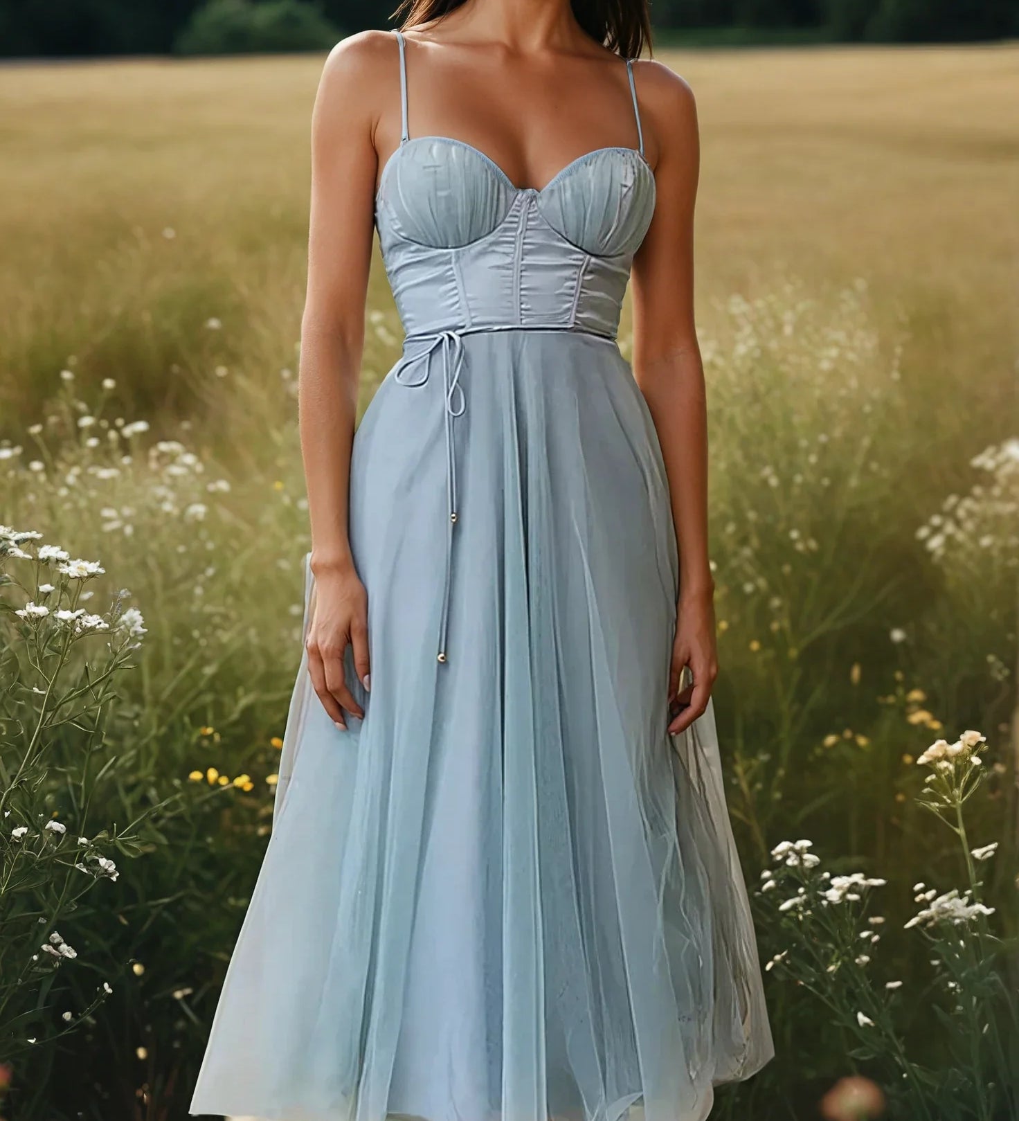 Vestido Midi Romántico de Tul con Tirantes Finos