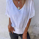 Blusa Beige con Escote en V y Cintura Fruncida para Mujer