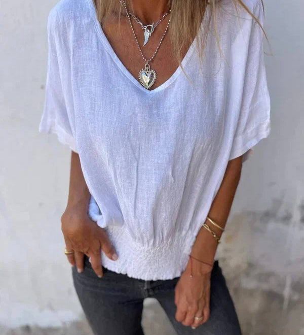 Blusa Beige con Escote en V y Cintura Fruncida para Mujer