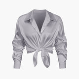 Blusa Satinada de Mujer con Nudo Frontal y Manga Larga