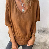 Blusa Beige con Escote en V y Cintura Fruncida para Mujer