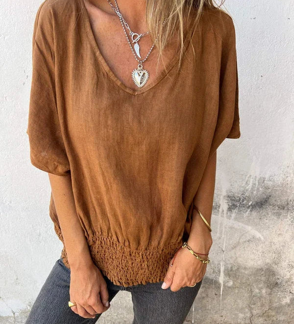 Blusa Beige con Escote en V y Cintura Fruncida para Mujer