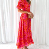 Noa - Elegante vestido maxi con cuello en V y mangas abullonadas