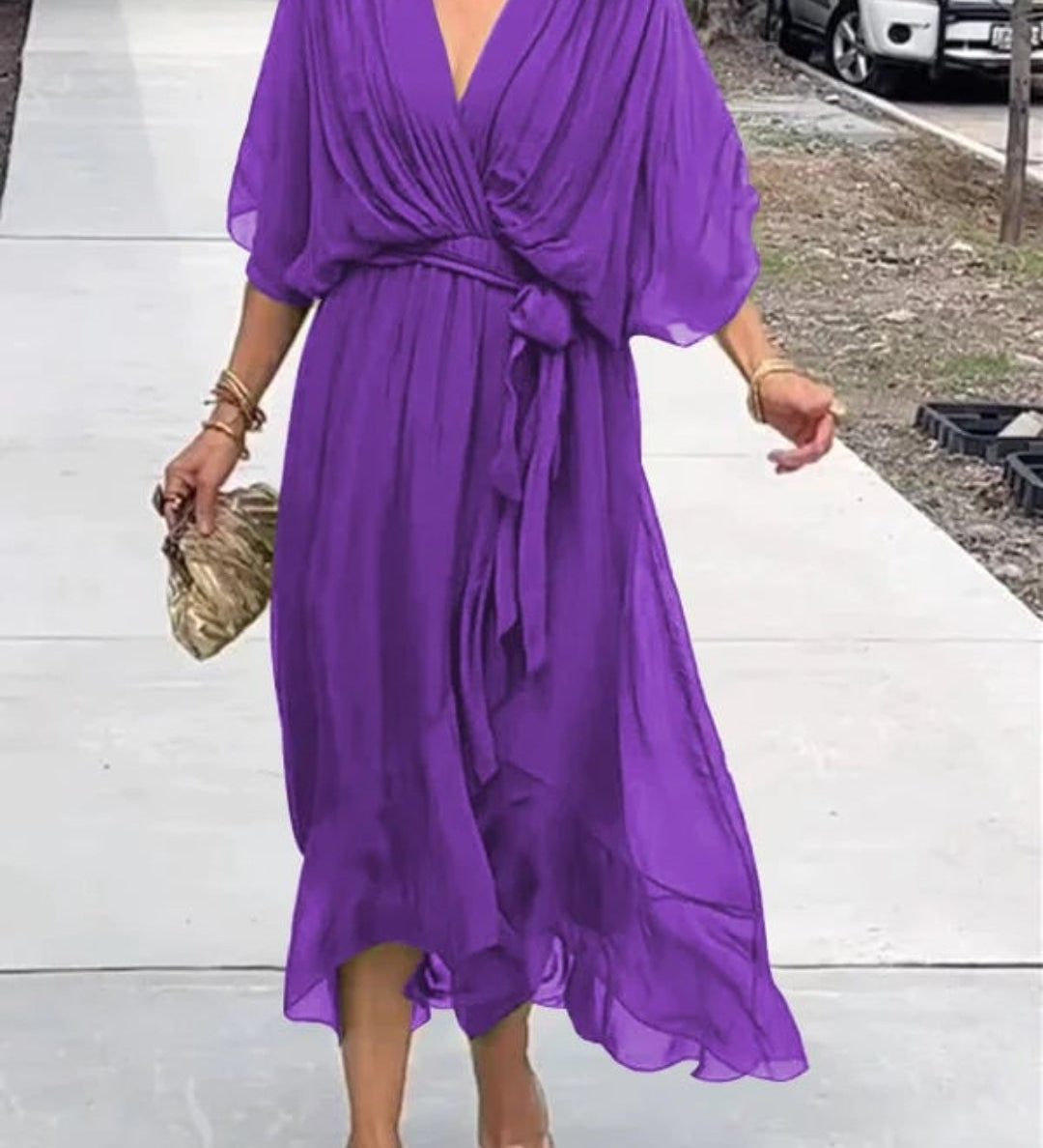 Vestido Midi Cruzado de Gasa con Manga Amplia y Cinturó