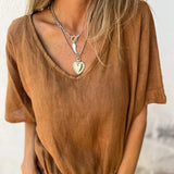 Blusa Beige con Escote en V y Cintura Fruncida para Mujer