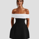 Off-Shoulder Mini Dress with Folded Bodice and Flared Skirt