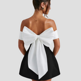 Off-Shoulder Mini Dress with Folded Bodice and Flared Skirt