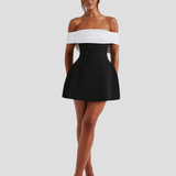 Off-Shoulder Mini Dress with Folded Bodice and Flared Skirt
