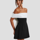 Off-Shoulder Mini Dress with Folded Bodice and Flared Skirt