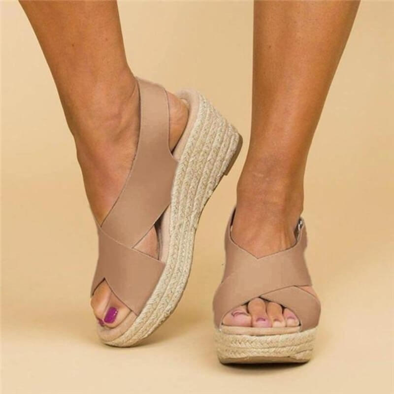 Sandalias de Cuña Mujer – Tiras Cruzadas Elásticas & Plataforma de Yute