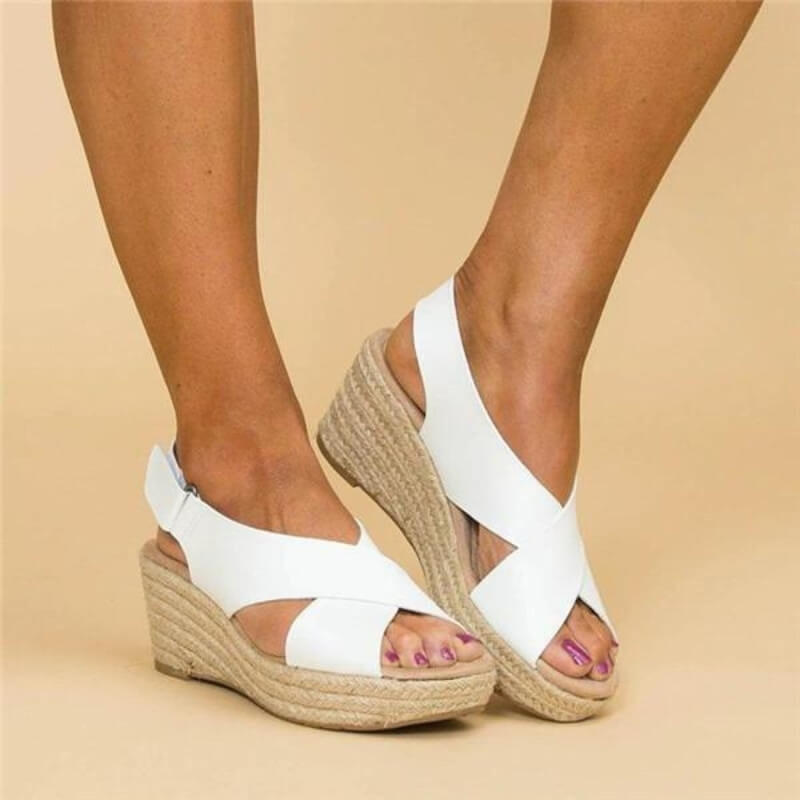 Sandalias de Cuña Mujer – Tiras Cruzadas Elásticas & Plataforma de Yute