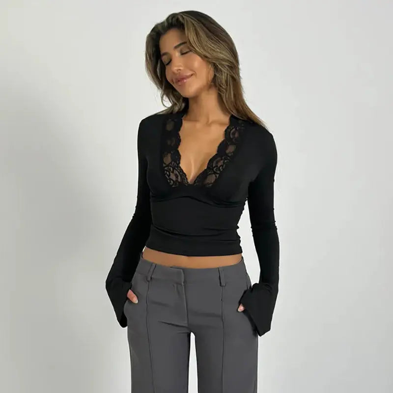 Long-Sleeved Lace Trim Wrap Top with Deep V-Neck