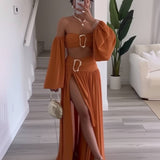 Conjunto elegante de top palabra de honor con maxi falda fluida