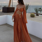 Conjunto elegante de top palabra de honor con maxi falda fluida