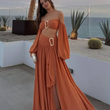 Conjunto elegante de top palabra de honor con maxi falda fluida