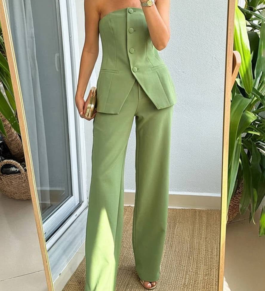 Conjunto elegante de dos piezas con top palabra de honor y pantalón de pierna ancha