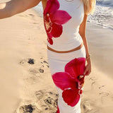 Conjunto de verano con estampado floral de orquídea y falda larga