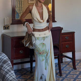 Conjunto de verano con top drapeado y falda larga estampada