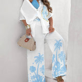 Conjunto veraniego con camisa y pantalón ancho estampado tropical