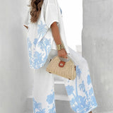Conjunto veraniego con camisa y pantalón ancho estampado tropical